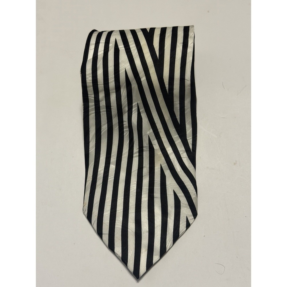 Giorgio Brutini Mens Silk Tie Black Silver White Striped Jacquard Accessory